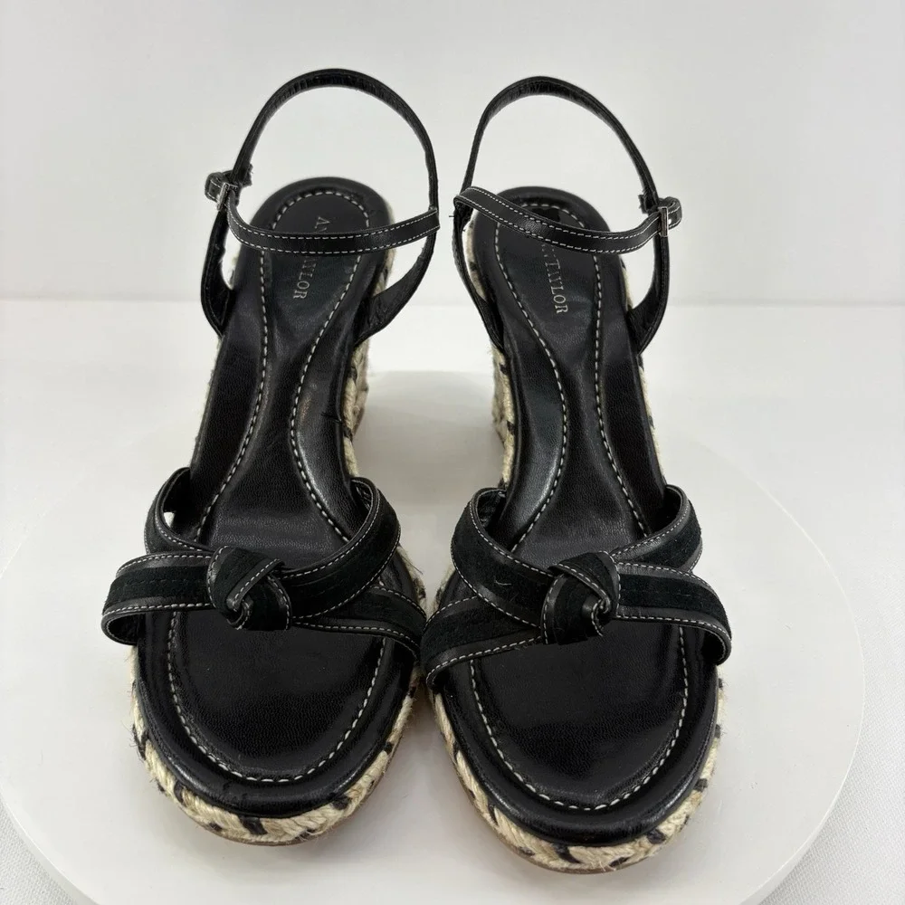 Ann Taylor Black Gold Espadrille Wedge Sandals Women's Size‎ 9